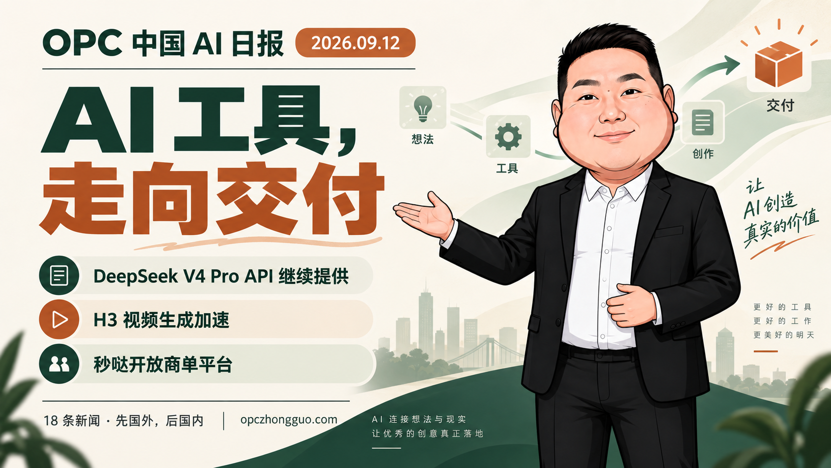 AI工具，走向交付｜OPC 中国 AI 日报 2026.09.12｜酷恩数字形象