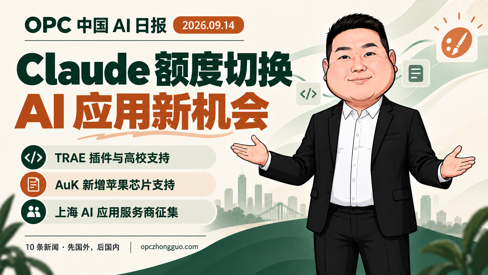 Claude额度切换，AI应用新机会｜OPC 中国 AI 日报 2026.09.14｜酷恩数字形象