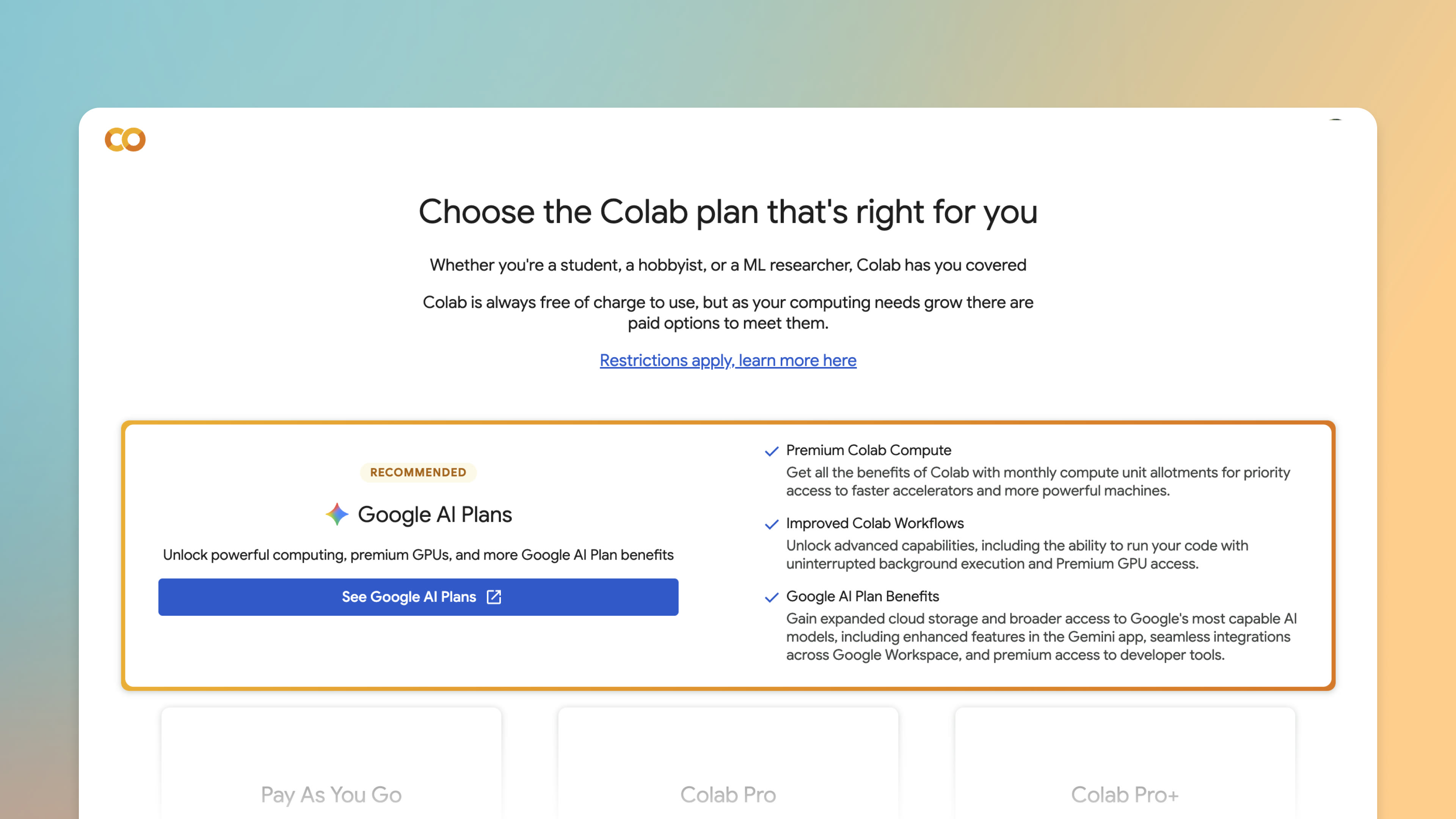 Google Developers 官方 Colab 方案图