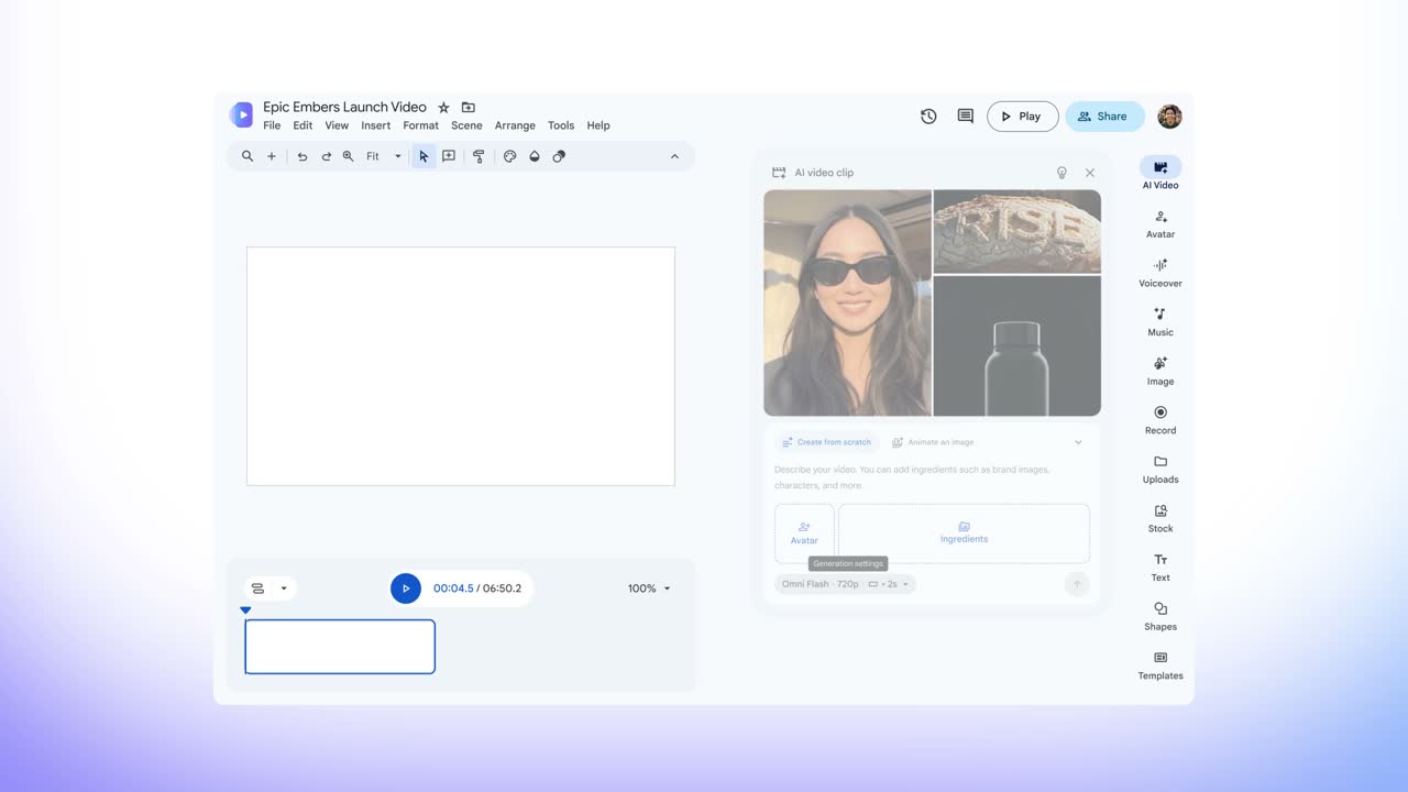 来源:Google Workspace 官方 Vids 演示;含生成设置、参考图和延长场景操作界面。