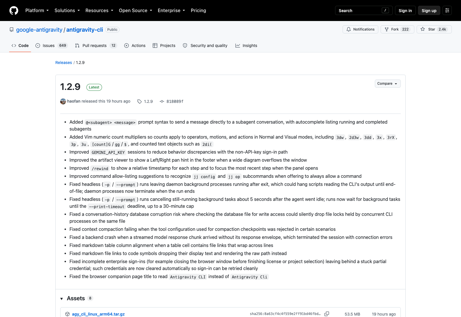 来源:google-antigravity/antigravity-cli 官方 GitHub 1.2.9 发行页实景。