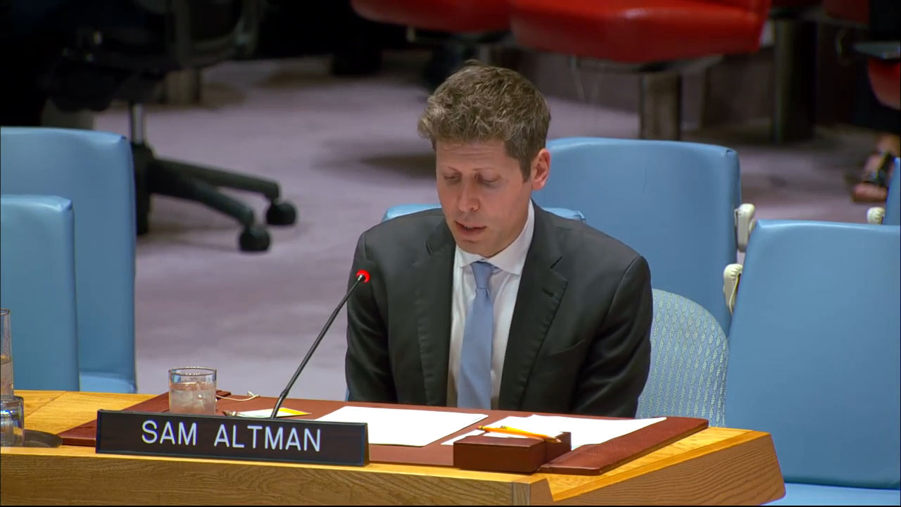 来源:联合国 UN Web TV 第 10228 次安理会会议原始录像;画面中为 Sam Altman 现场发言。