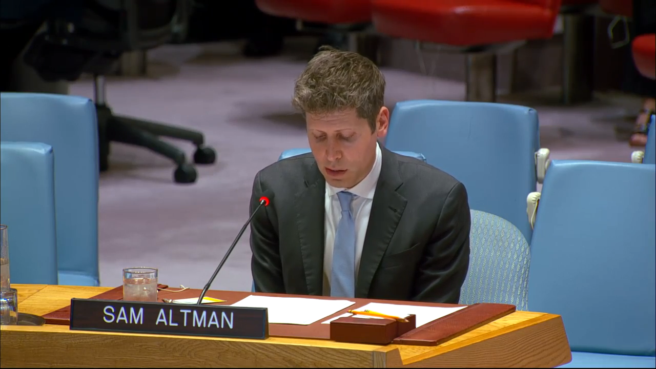 来源:联合国 UN Web TV 第 10228 次安理会会议原始录像;画面中为 Sam Altman 现场发言。