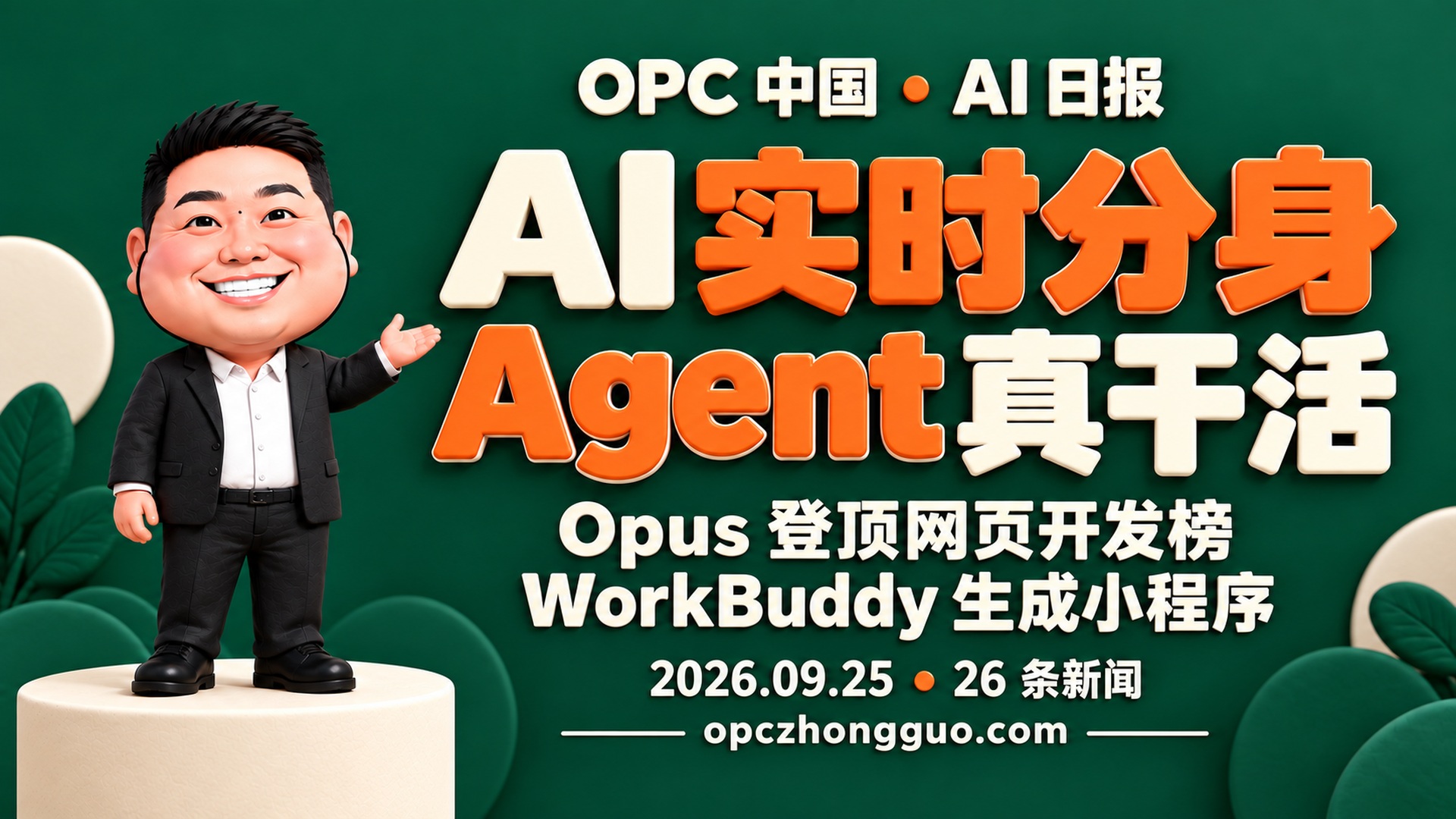 2026年9月25日OPC中国AI日报，26条新闻，酷恩02与AI实时分身、Agent真干活主题封面