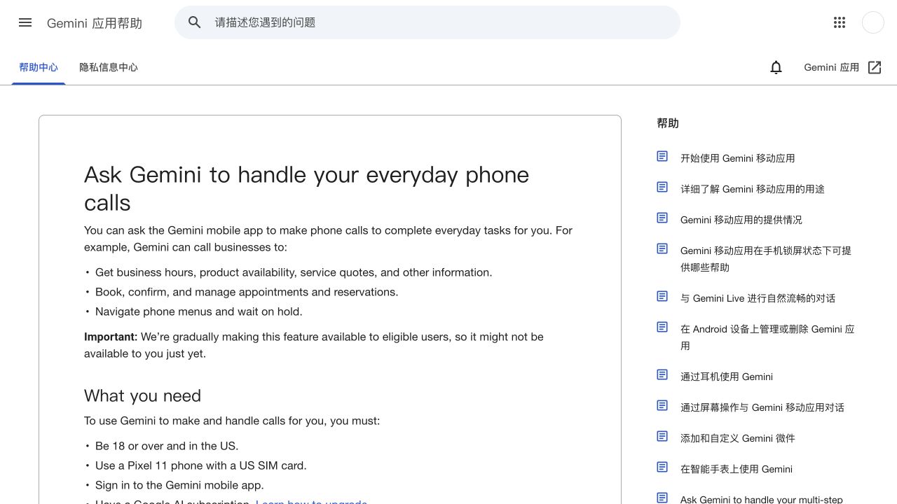 Google Gemini 官方帮助页面