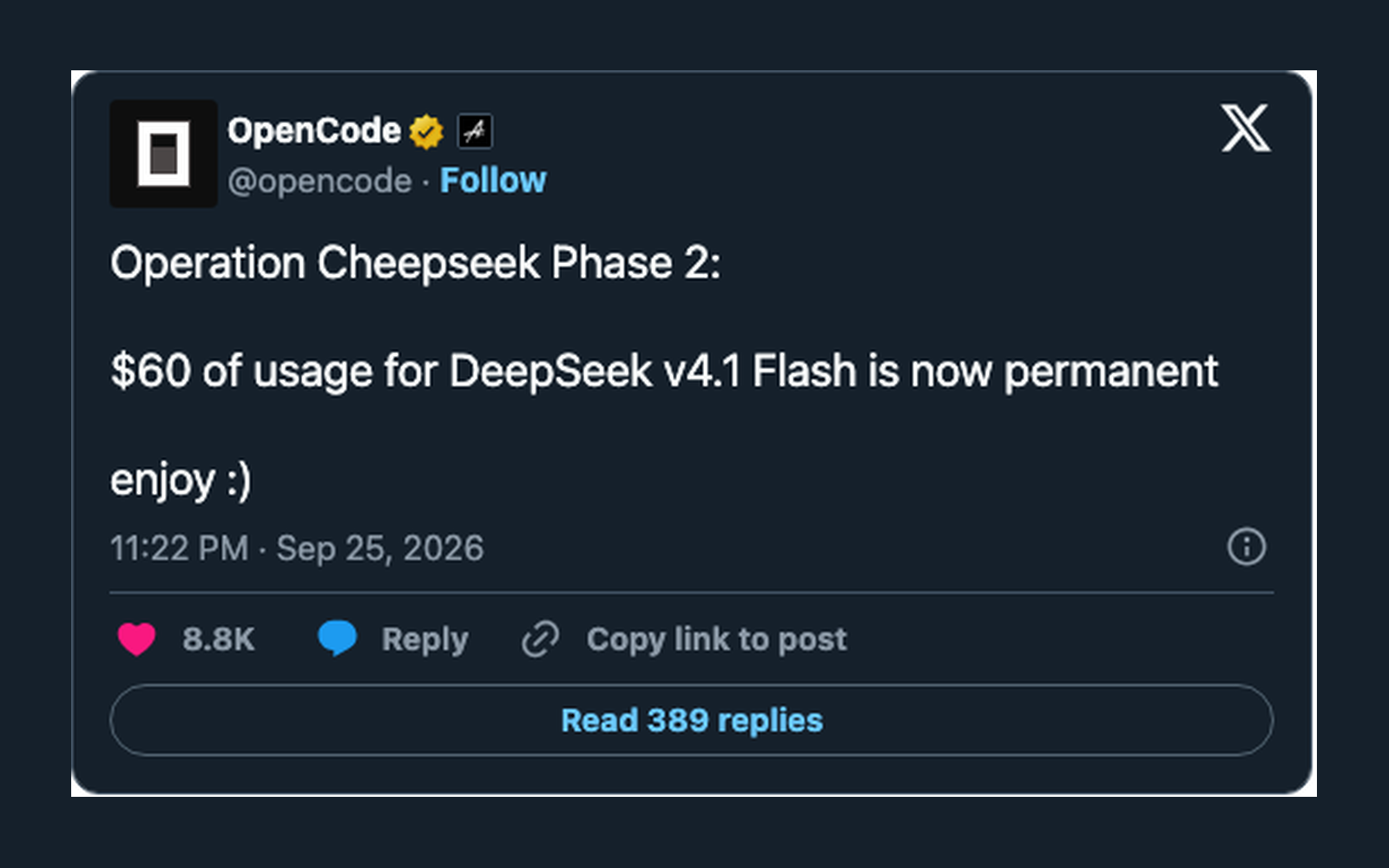OpenCode 官方帖:DeepSeek V4.1 Flash 的 60 美元额度转为长期