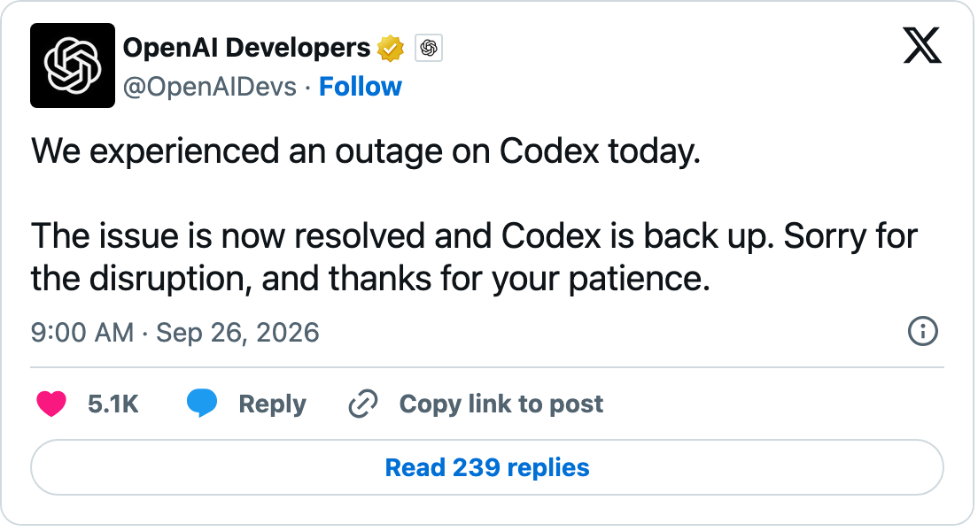 OpenAI 状态页 Codex 故障记录与 OpenAIDevs、Codex 负责人 X 推文截图
