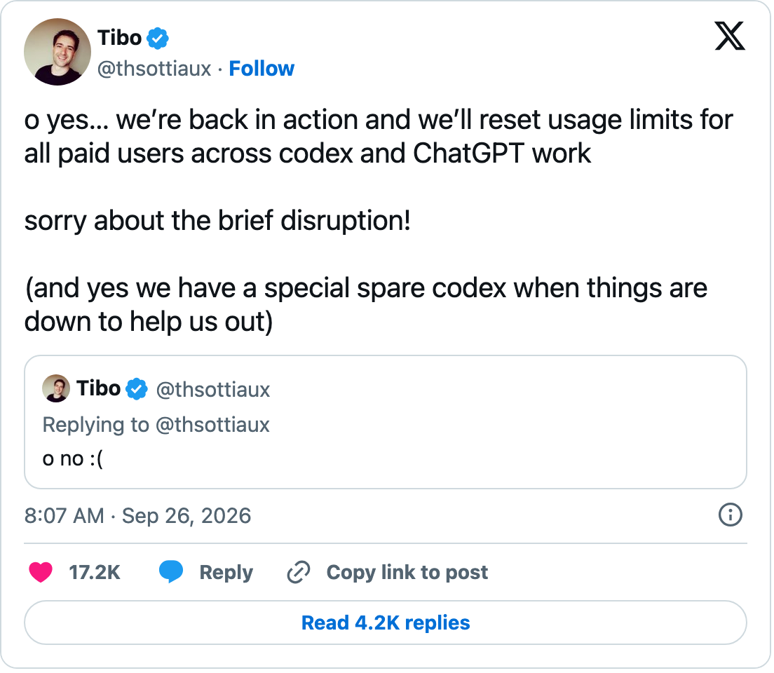 OpenAI 状态页 Codex 故障记录与 OpenAIDevs、Codex 负责人 X 推文截图