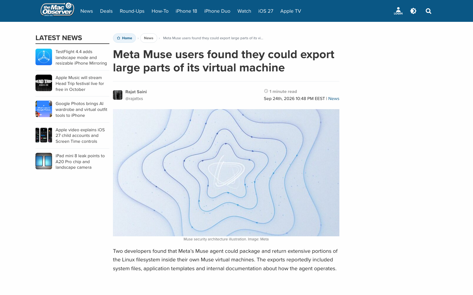 开发者 Peter James 原帖及其附图（Muse 对话截图）、MacObserver 报道页截图