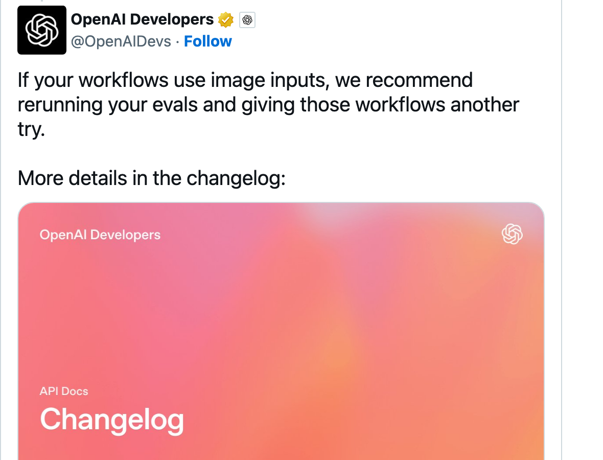 OpenAI Developers 官方修复对比图、开发者日志与官方跟帖截图