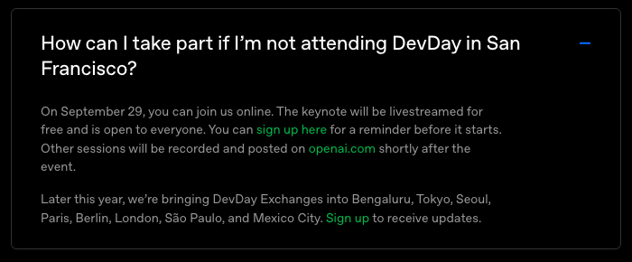 OpenAI DevDay 2026 官方首页、日程与直播说明截图