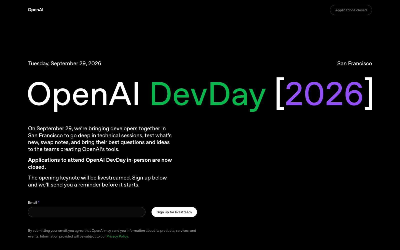 OpenAI DevDay 2026 官方首页、日程与直播说明截图