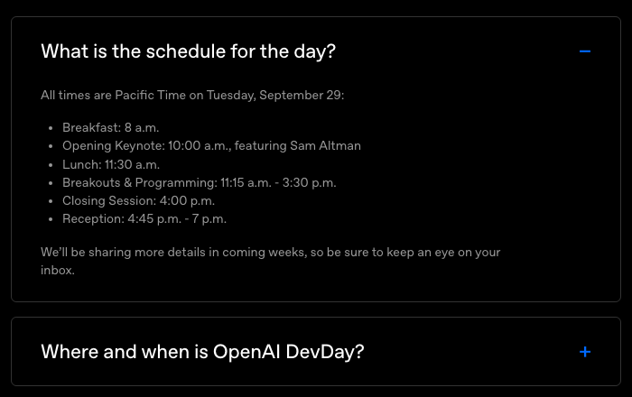 OpenAI DevDay 2026 官方首页、日程与直播说明截图