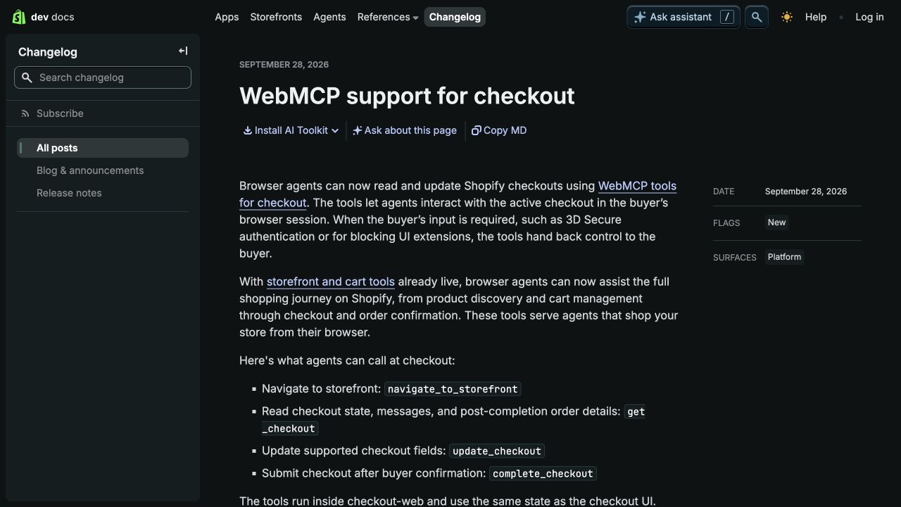 Shopify 官方 WebMCP 结账功能更新日志