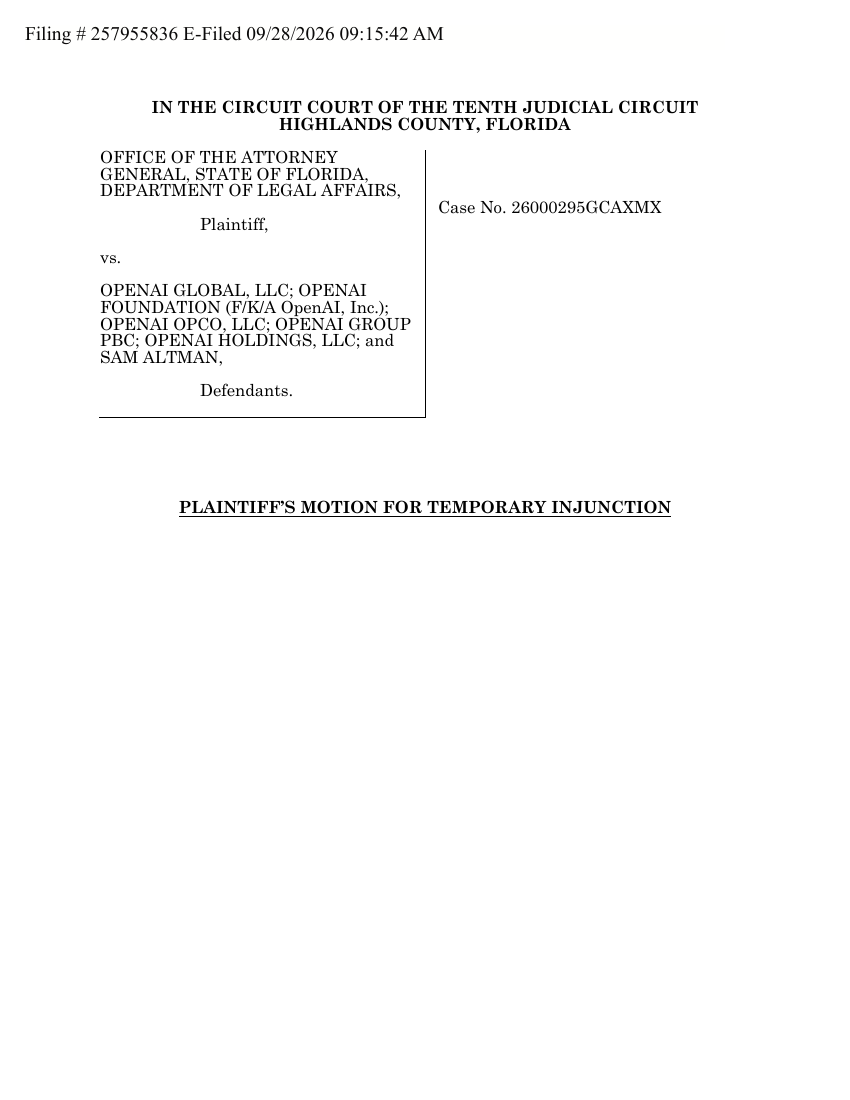 佛州总检察长办公室公开的临时禁令动议 PDF 第 1 页（官方文件渲染）