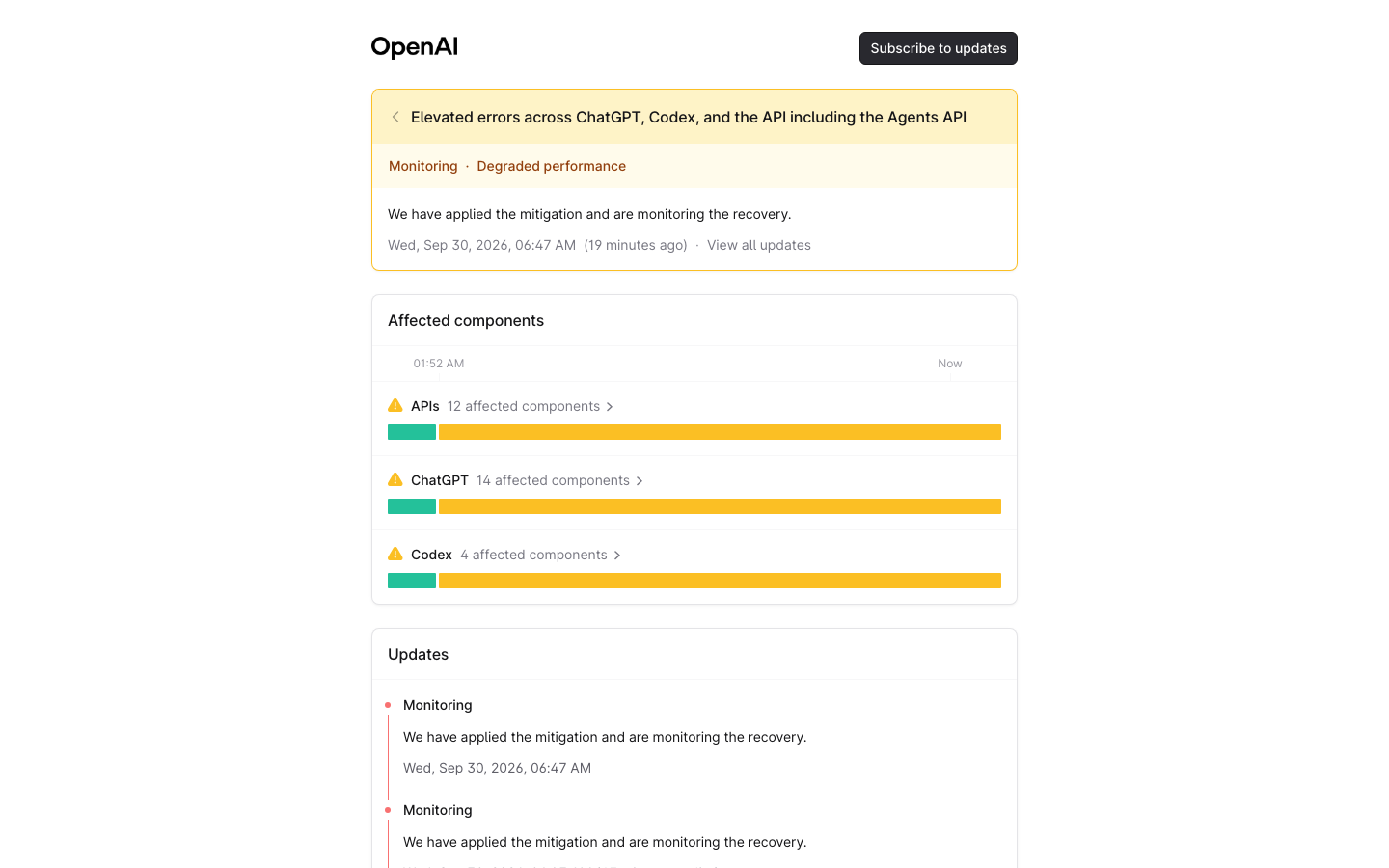 OpenAI 状态页事件原页：受影响组件与逐条更新（北京时间）
