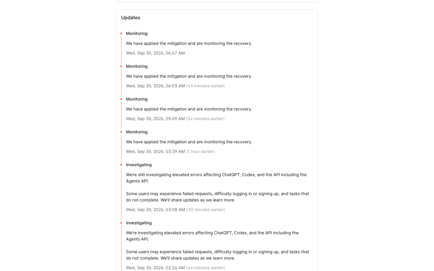 OpenAI 状态页事件原页：受影响组件与逐条更新（北京时间）