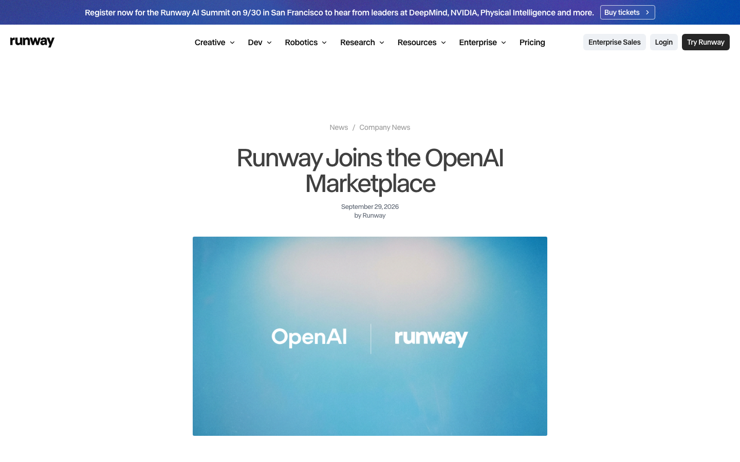 OpenAI DevDay Recap 官方配图；Runway、ElevenLabs、Factory 官方公告原页