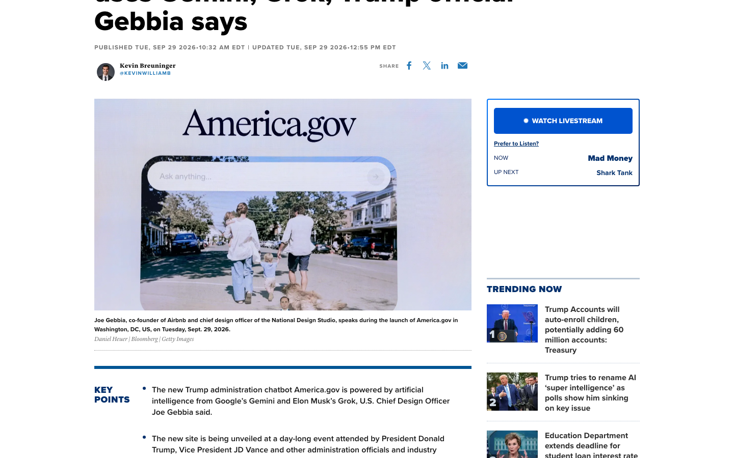 America.gov 首页原页；CNBC、谷歌博客、TechCrunch 原页
