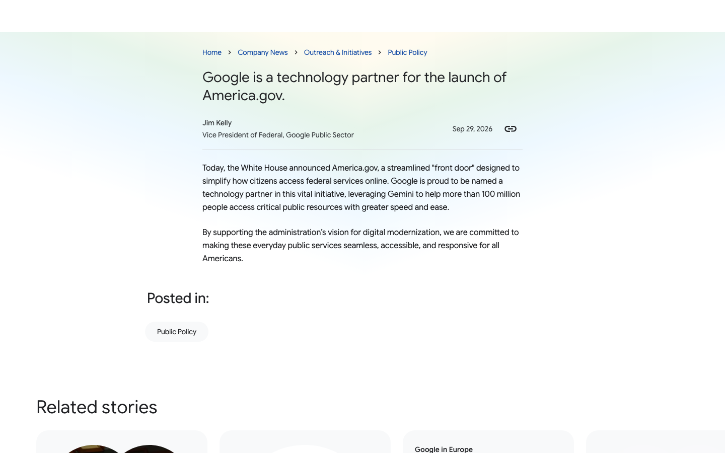 America.gov 首页原页；CNBC、谷歌博客、TechCrunch 原页