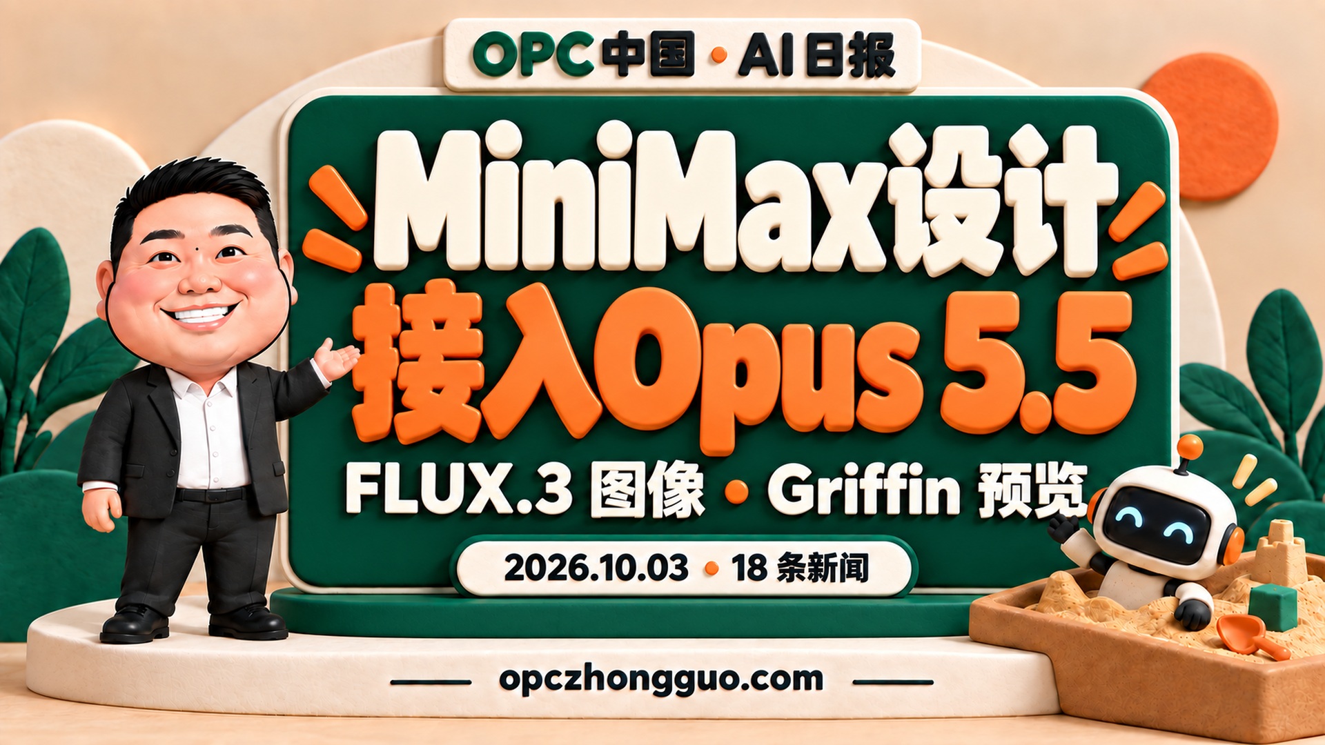 2026年10月3日18条AI新闻，酷恩02形象与MiniMax设计接入Opus 5.5标题