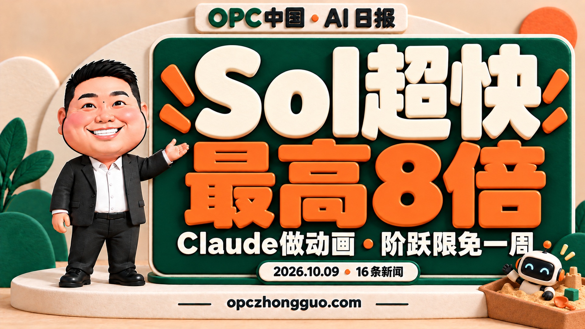 2026年10月9日OPC中国AI日报16条新闻,酷恩02与Sol超快最高8倍标题