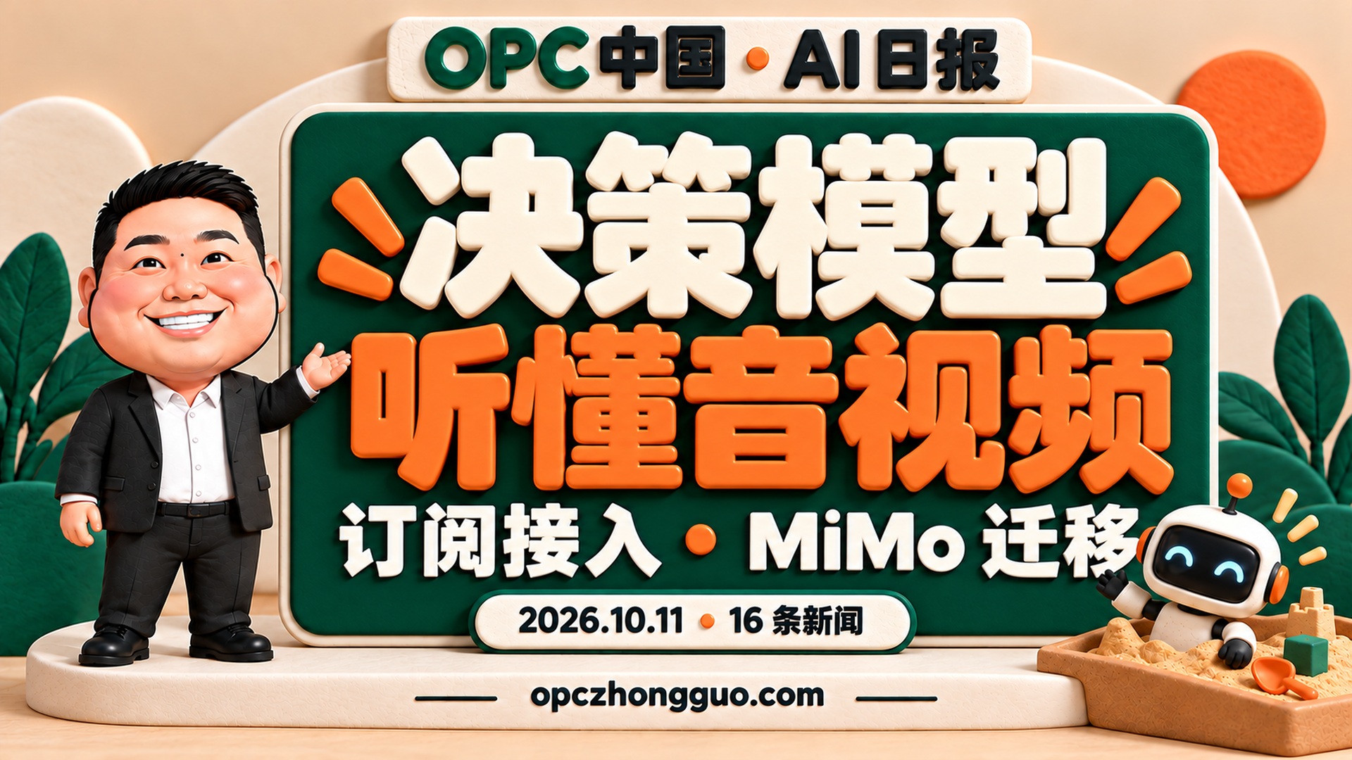 2026年10月11日OPC中国AI日报16条新闻封面，酷恩02、决策模型听懂音视频、订阅接入与MiMo迁移