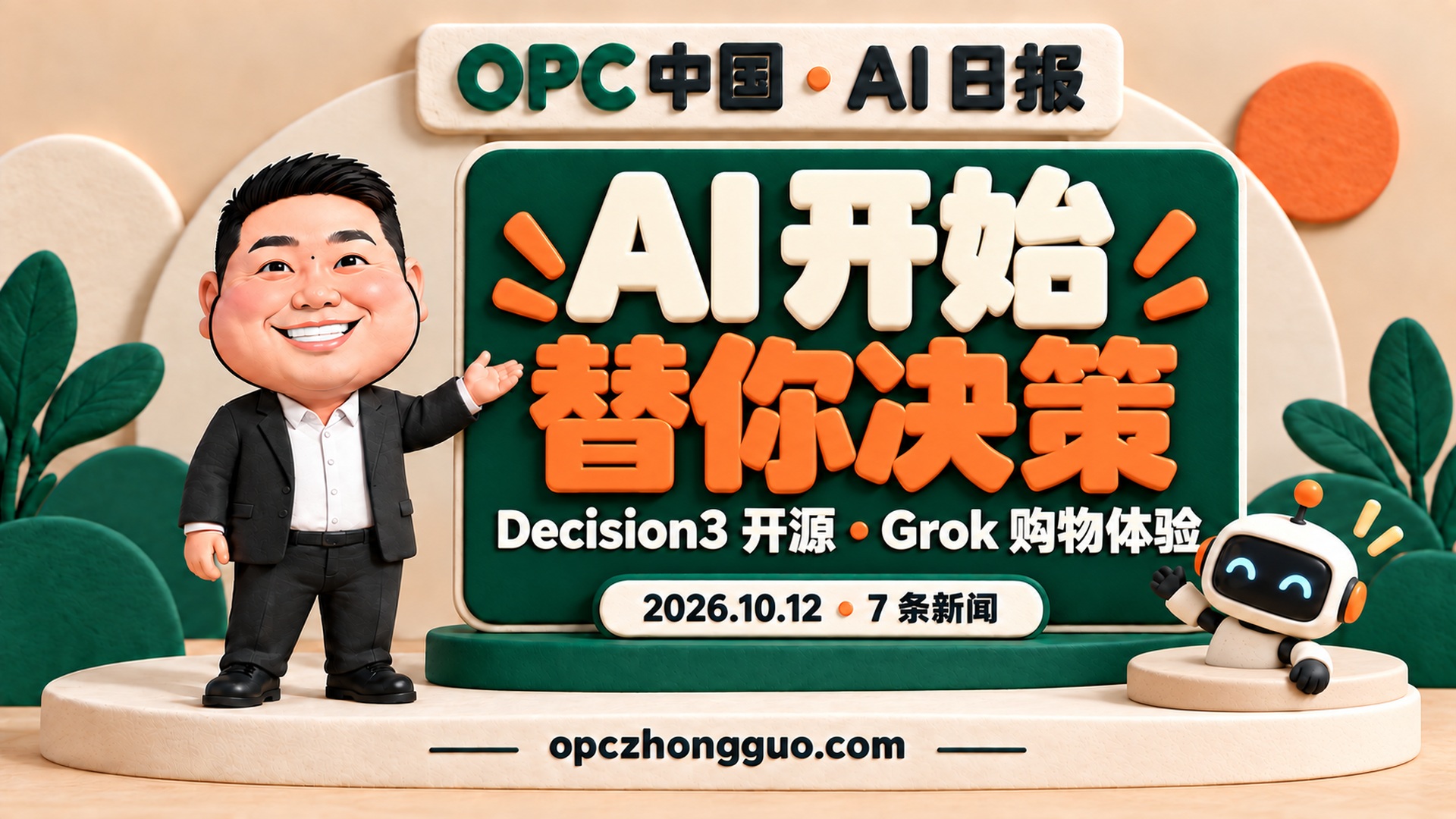 2026年10月12日OPC中国AI日报,7条新闻,酷恩02左侧,右侧标题AI开始替你决策